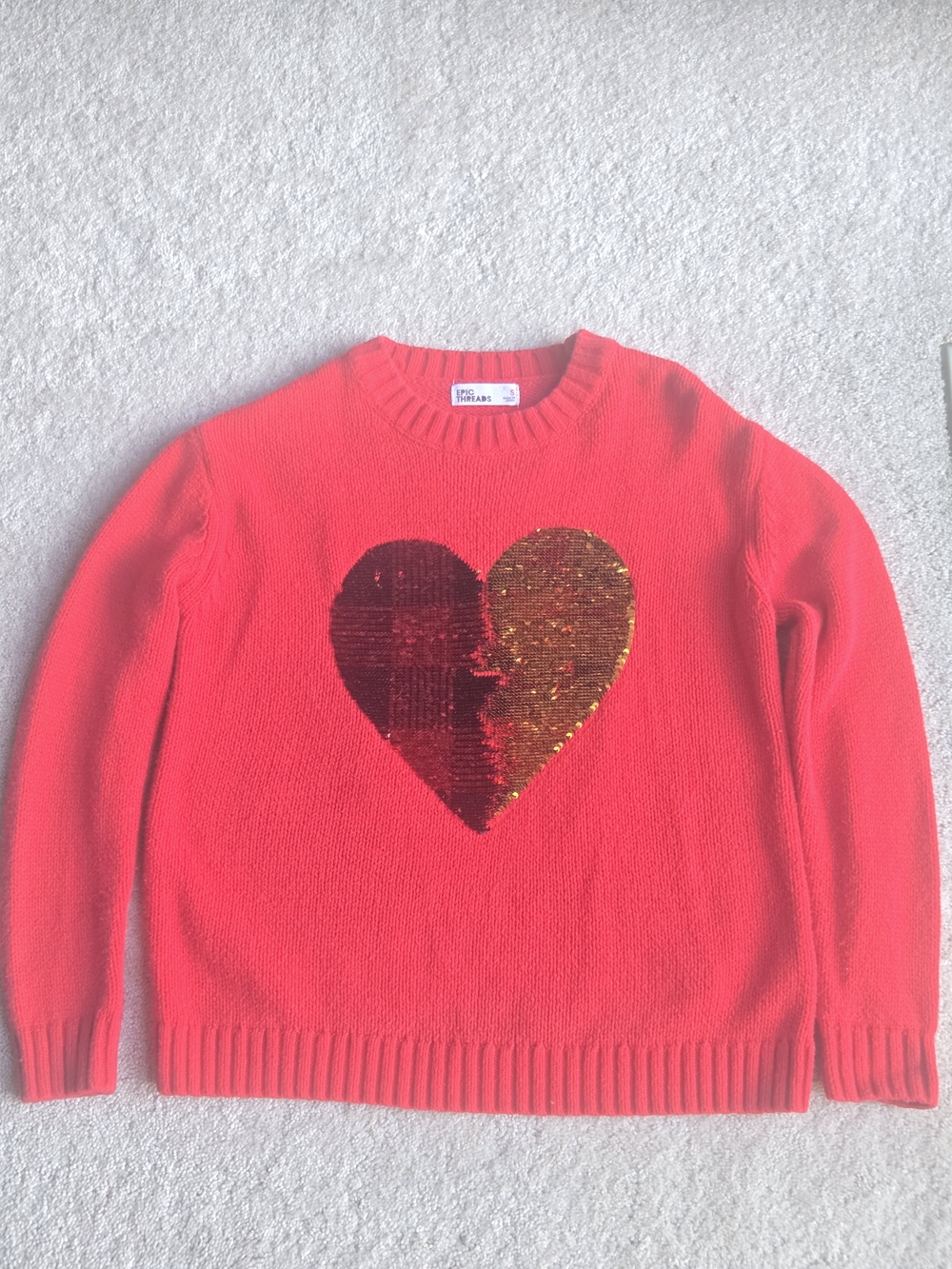 Epic Threads Red Sweater with Gold & Black Sequin Heart